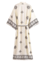 Boho Kimono Robe – “Ivory Echo” Ethnic Embroidered Beach Cover-Up for Women