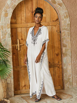 Boho Maxi Dress - Beach Dress, Kaftan Dress Vintage Embroidered in Calista Navy and White
