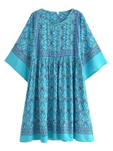 Boho Mini Dress – “Turquoise Reverie” Paisley Batwing Sleeve Loose Dress