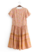 Boho Mini Dress – “Orchid Mosaic” Floral V-Neck Short Sleeve Mini Dress