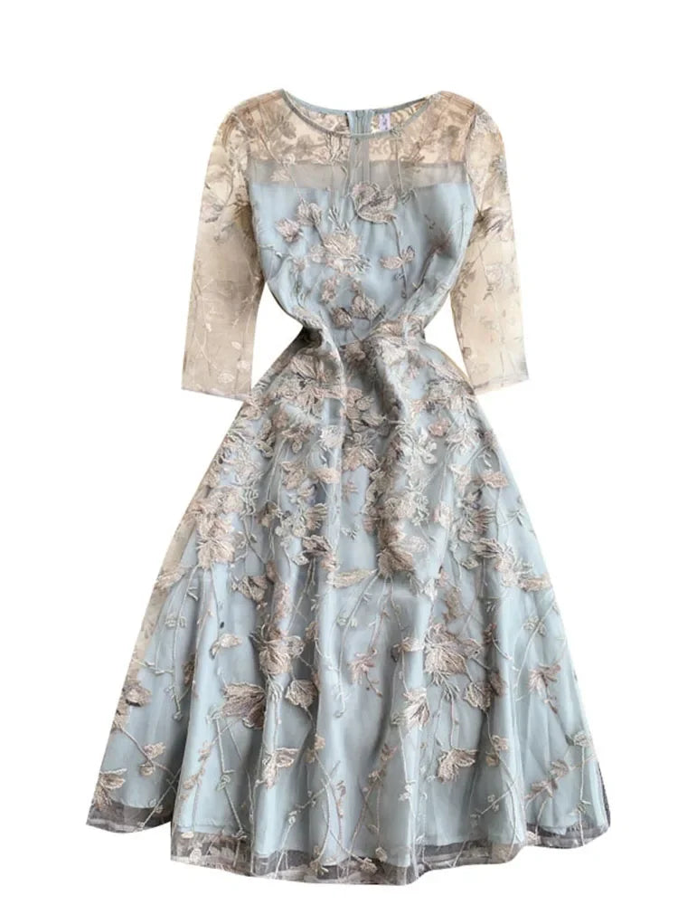 Vintage Boho Midi Dress - Blue Amelia | Embroidered Lace Bohemian Style Dress