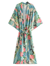 Boho Kimono Robe – “Lily Lotus” Green Floral Wrap Cover-Up for Women
