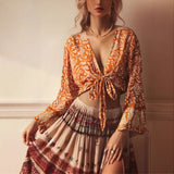 Boho Blouse – ““Seaside Song” Floral Long Sleeve Tie Front Tope