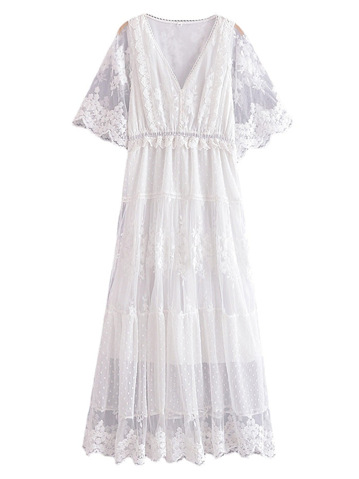 long white cotton dress Women s Maxi long Dress Boho Dress Lace Dress White Dress Elegant Romantic Boho Beach Vacation Holiday Regular Fit Pure Color Short Sleeve V Neck
