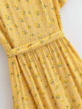 Bohemian Maxi Dress – “Honey Solstice” Yellow Sunflower V-Neck Tie-Waist Boho Dress
