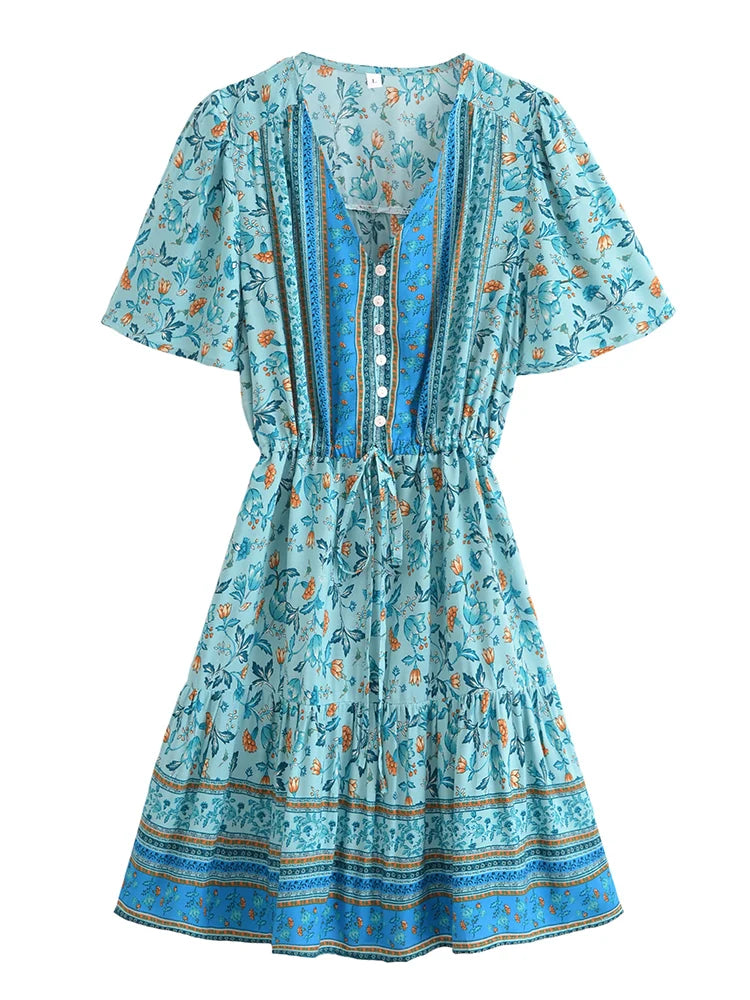 Boho Mini Dress – Blue Floral Button-Down Sundress Maeve