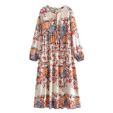 Bohemian Maxi Dress – “Terracotta Bloom” Cream Floral V-Neck Tie-Front Maxi Dress