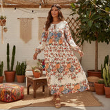 Bohemian Maxi Dress – “Terracotta Bloom” Cream Floral V-Neck Tie-Front Maxi Dress