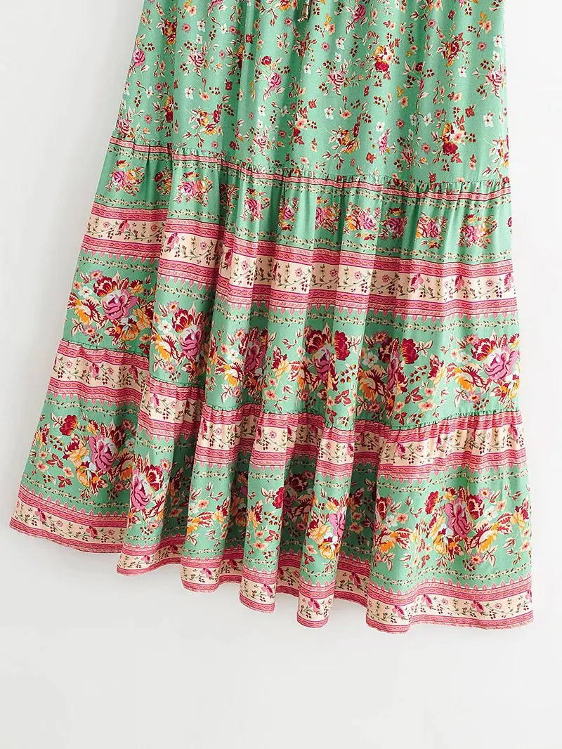 Boho Maxi Skirt – “Midnight Peony” Floral Print Skirt in Navy & Rose Stripe