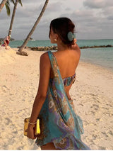 Boho Beach Dress - Backless Dress for Summer Vacation Vibes - Blue Island