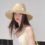 Boho Bucket Hat - Polka Dot Raffia Wide Brim Hat