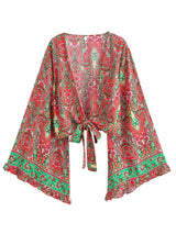 Boho Blouse – “Festival Muse” Floral Long Sleeve Tie Front Tope