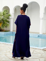 Boho Maxi Dress - Beach Dress, Kaftan Dress Vintage Embroidered in Calista Navy and White