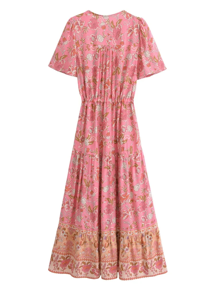 Boho Chic Maxi Dress – Pink Floral Print Summer Sundress Addison