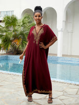 Boho Maxi Dress - Beach Dress, Kaftan Dress Vintage Embroidered in Calista Red and Black