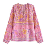 Boho Top for Women – Bohemian Blouse - Freya Blue and Pink Floral Long Sleeve Top