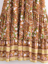 Bohemian Maxi Dress – “Amber Wildflower” Brown Floral Button-Front Tassel-Tie Boho Dress