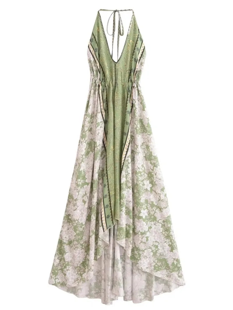 Mila's Floral, Backless, Beach, Party, Boho, Holiday, High-Low, Maxi Dress White Green / M Mila's Floral, Backless, Beach, Party, Boho, Holiday, High-Low, Maxi Dress White Green / M
