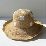 Boho Bucket Hat - Polka Dot Raffia Wide Brim Hat