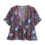 Boho Tops for Women - Bohemian Blouse - Navy, Blue and Red Floral Tie-Front Blouse