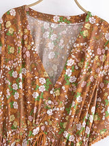 Bohemian Maxi Dress – “Amber Wildflower” Brown Floral Button-Front Tassel-Tie Boho Dress