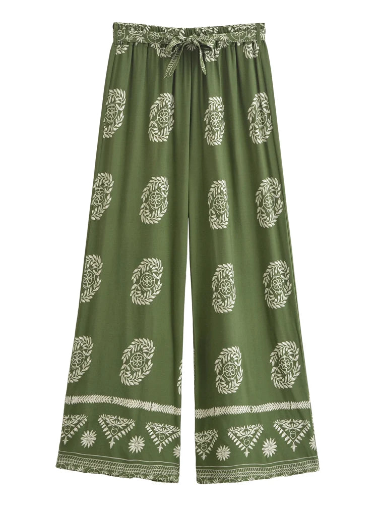 Boho Pant – Hippies Palazzo Pant, Casual Green Tribal Print Pants for Women