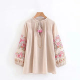 Boho Blouse – “Petal Muse” Embroidered Floral Sleeve Top in Ivory & Pink