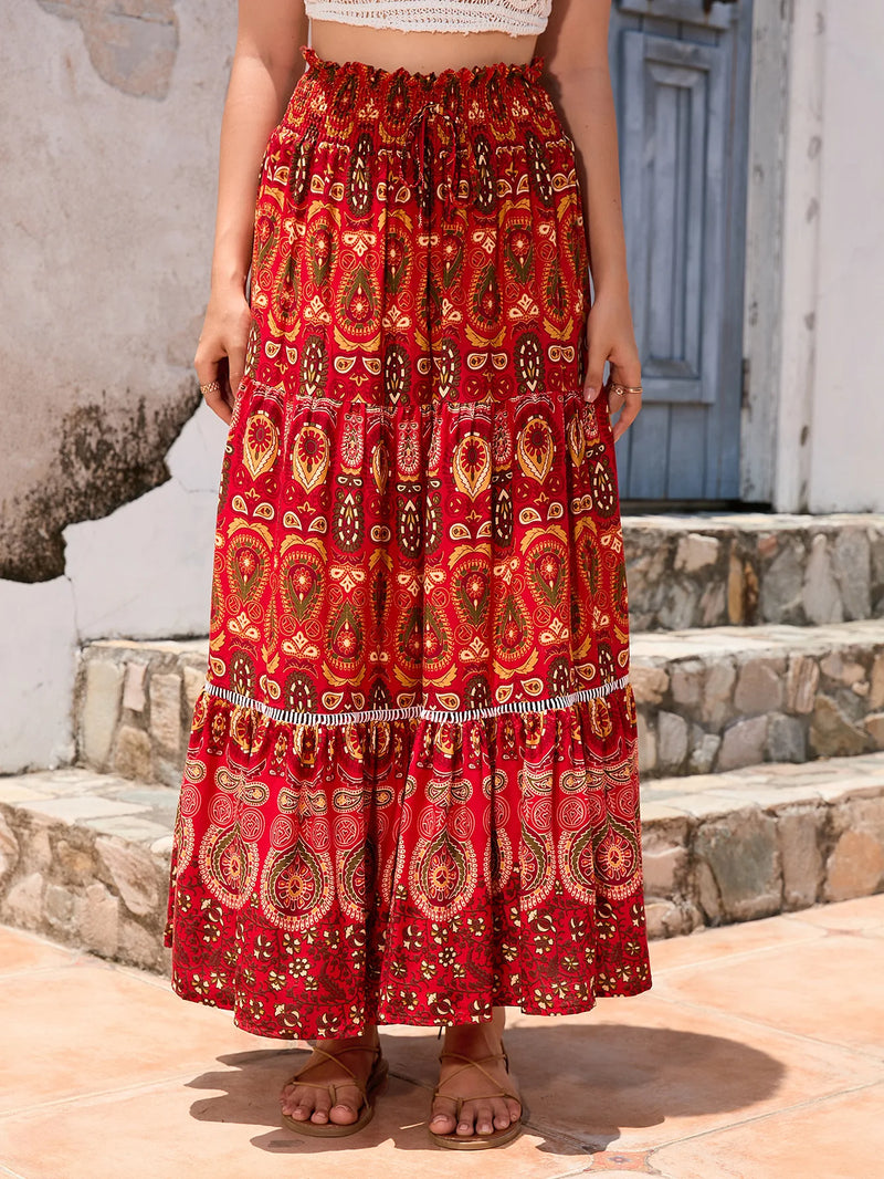 Boho Maxi Skirt - Hippie Style in  Red Peacock