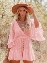 Boho Mini Dress – Boho White Dres –“Whisper Light” Batwing Sleeve Mini Sundress with Buttons