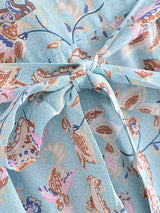 Boho Mini Dress – “Azure Meadow” Light Blue Floral V-Neck Tie-Waist Dress