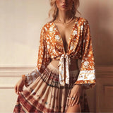 Boho Blouse – ““Seaside Song” Floral Long Sleeve Tie Front Tope