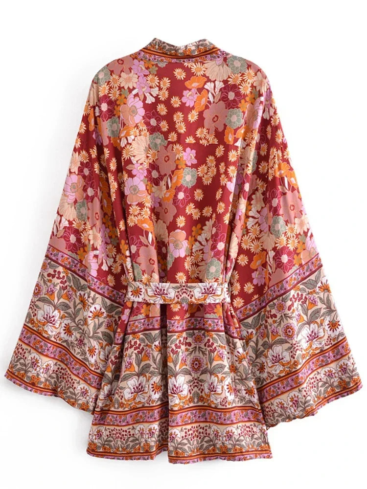Bohemian Kimono Robe – “Gabriella” Currant Red Short Cover-Up for Beach or Lounge