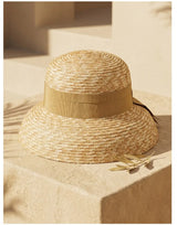 Boho Sun Beach Hat - Wheat Straw Cloche Hat with Ribbon