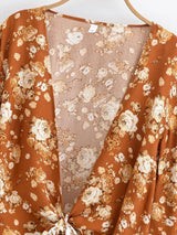 Boho Blouse – ““Seaside Song” Floral Long Sleeve Tie Front Tope