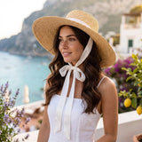 Boho Sun Beach Hat - Ribbon Boater Wide Brim Straw Hat