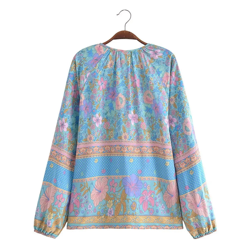 Boho Top for Women – Bohemian Blouse - Freya Blue and Pink Floral Long Sleeve Top