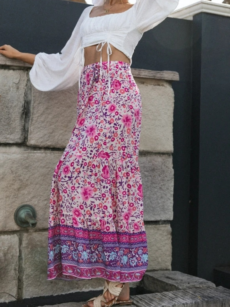 Boho Skirt, Hippie Skirts, Maxi Skirt, Wild Flower Fuchsia Pink