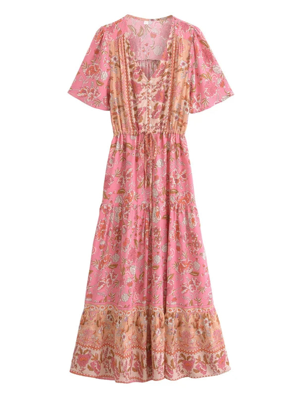 Boho Chic Maxi Dress – Pink Floral Print Summer Sundress Addison