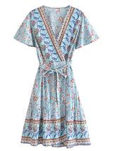 Boho Mini Dress – “Azure Meadow” Light Blue Floral V-Neck Tie-Waist Dress