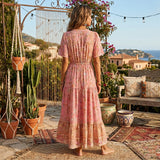 Bohemian Maxi Dress – “Rosewater Bloom” Pink Floral Tie-Neck Pleated Maxi Dress