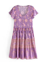 Boho Mini Dress – “Orchid Mosaic” Floral V-Neck Short Sleeve Mini Dress