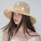 Boho Bucket Hat - Polka Dot Raffia Wide Brim Hat