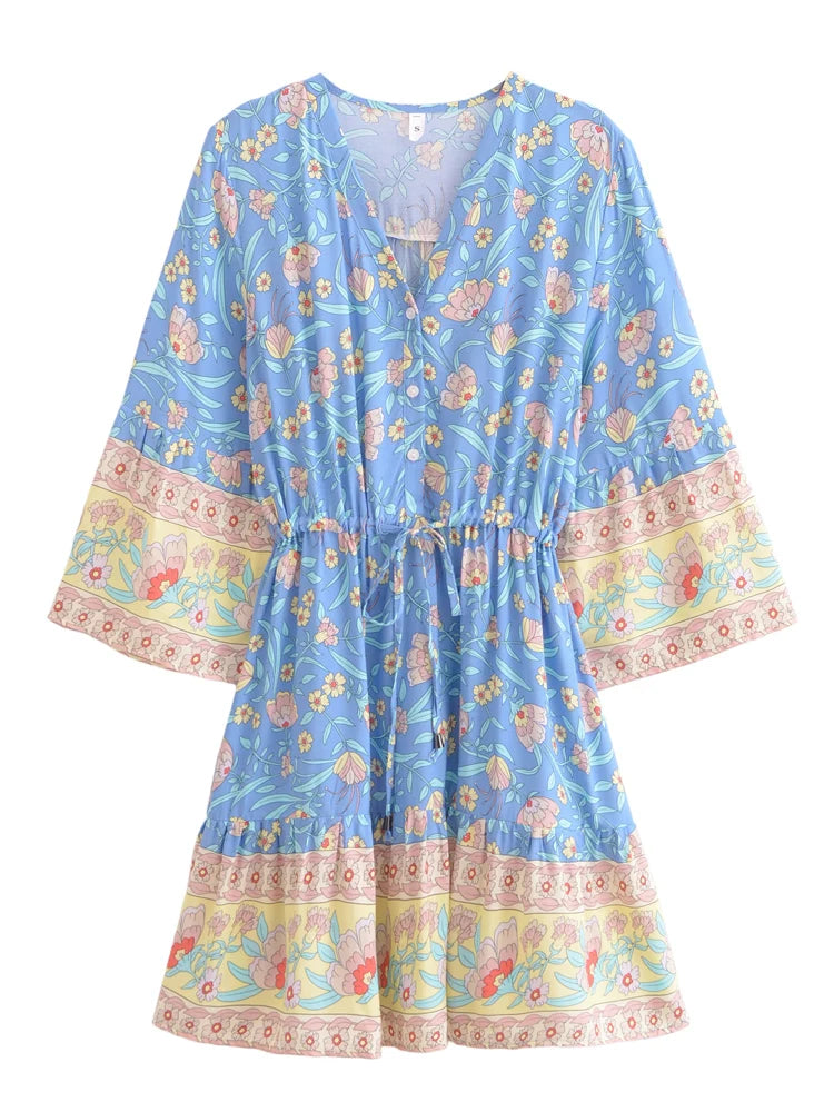 Boho Mini Dress – Blue Floral Tunic Sundress with Bell Sleeves  Elowen