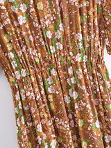 Bohemian Maxi Dress – “Amber Wildflower” Brown Floral Button-Front Tassel-Tie Boho Dress