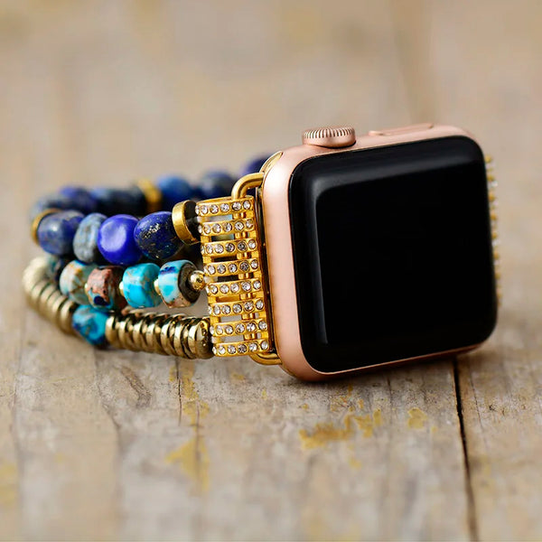 Boho Apple Watch Band - Gold Lapis Jaspers Beads Wrist Stretch Bracelet