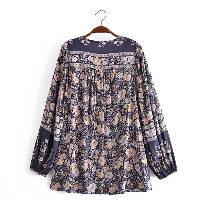 Boho Blouse – “Wild Petal” – Boho Floral Tunic Tops in Pink & Blue