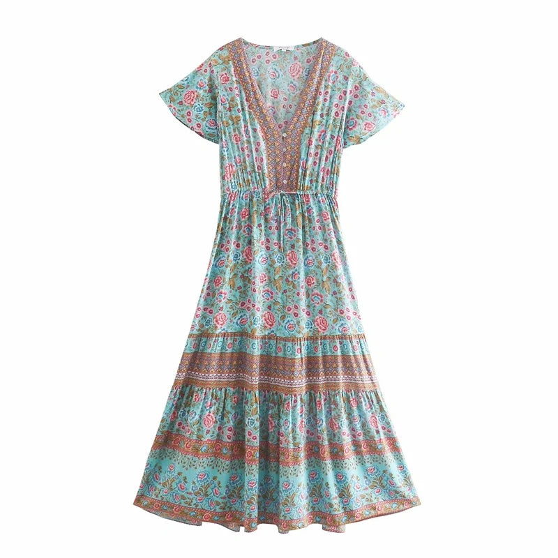 Boho Maxi Dress Summer Dress 'Seabreeze Bloom' Sundress in Blue, Pink & Green light blue / M Boho Maxi Dress Summer Dress 'Seabreeze Bloom' Sundress in Blue, Pink & Green light blue / M