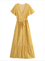 Bohemian Maxi Dress – “Honey Solstice” Yellow Sunflower V-Neck Tie-Waist Boho Dress
