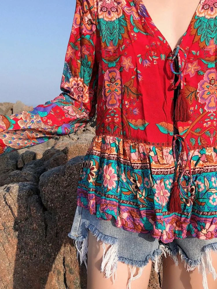 Boho Blouse – “Festival Fire” V-Neck Tribal Print Top in Red