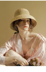 Boho Sun Beach Hat - Wheat Straw Cloche Hat with Ribbon